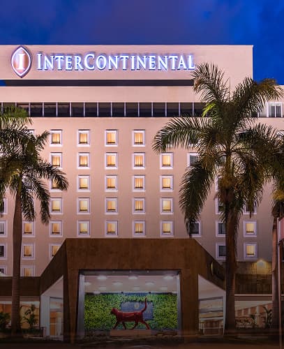 Entrada principal del hotel Intercontinental con palmeras iluminadas de noche