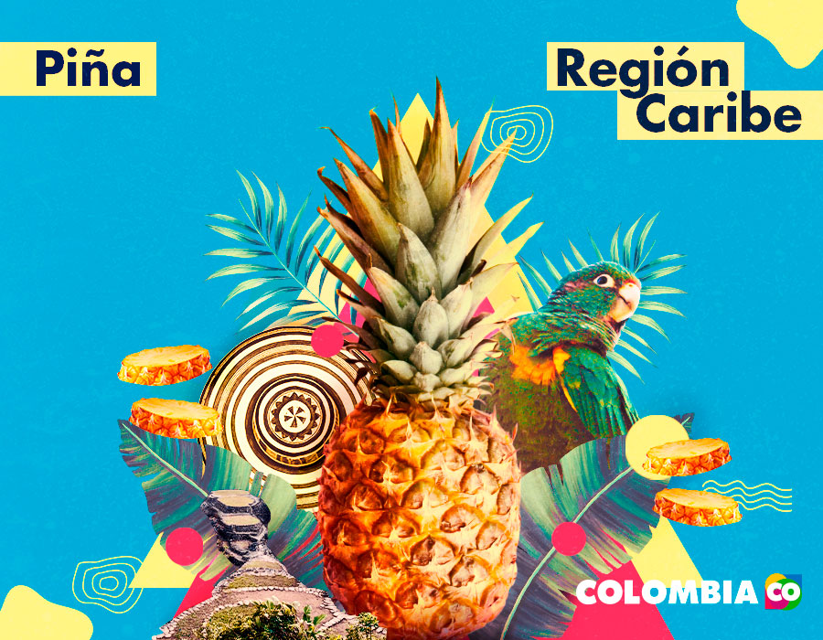 Collage de elementos de la Región Caribe, entre esos, sus frutas tropicales como la piña.