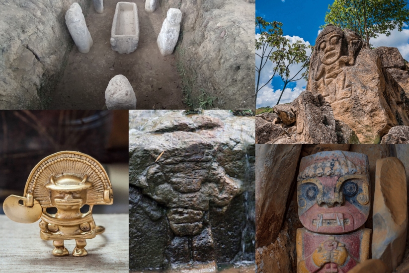De arriba a derecha: tumbas en el Alto de Las Chinas, estatua de La Chaquira, pieza de oro en el museo etnográfico de El Tablón, grabado en piedra en el Alto de las Patas y estatua con colores en La Pelota y El Purutal.